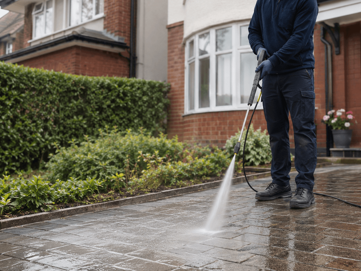 Evercrest professional pressure washing a stone patio